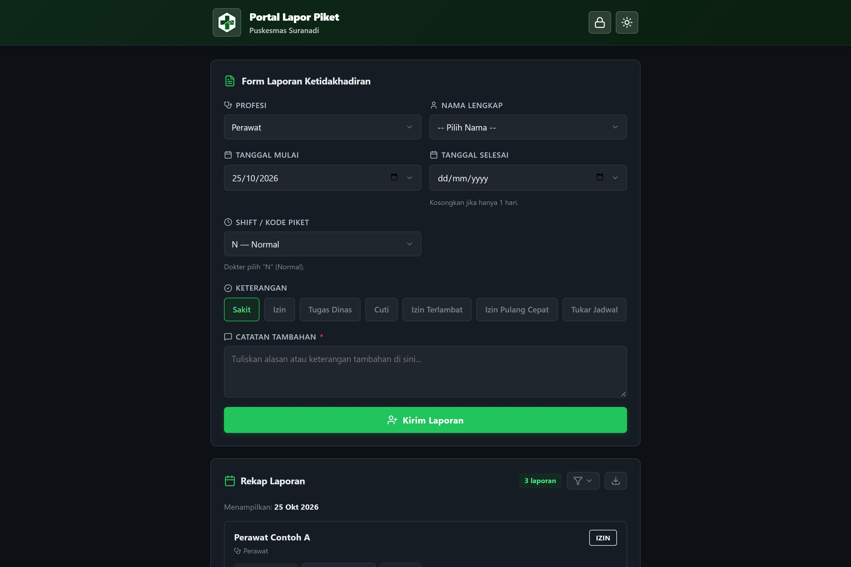 Original staff reporting application running locally with example records