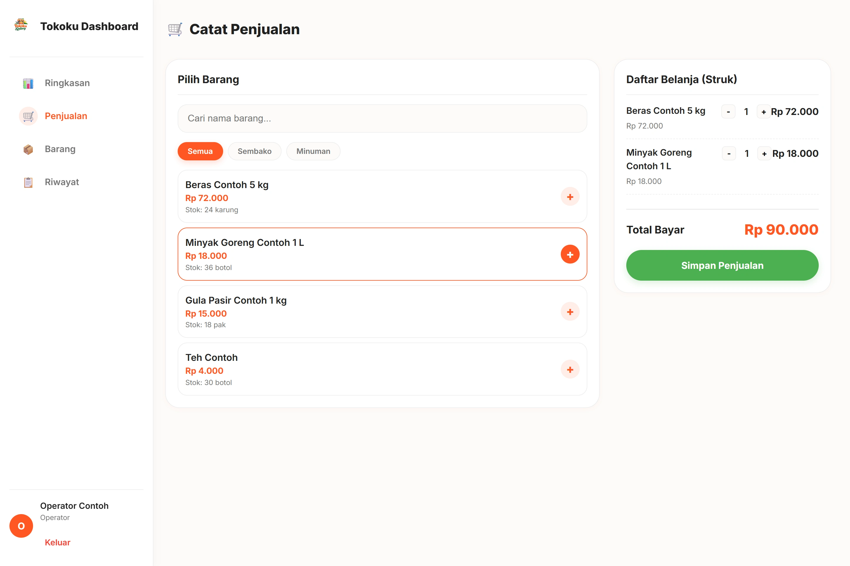 Original Tokoku sales interface with example products and an unsaved sample cart