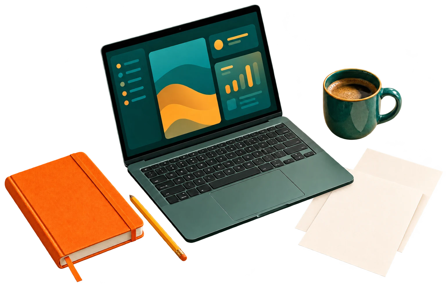 Illustrative color workspace cutout with a forest-green laptop, orange notebook, teal cup and blank reporting sheets